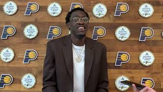 Indiana Pacers forward Pascal Siakam speaks with reporters after signing a max contract