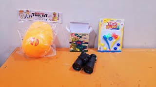 Unboxing and Review of Ratna's Magic Blow Pipe Set of 2 Floating Ball, binoculars, tool set for kids