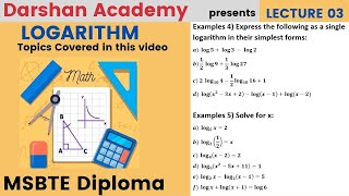 Logarithm Lecture 03 || MSBTE Diploma || 1st Sem || Basic Mathematics || by Darshan Academy