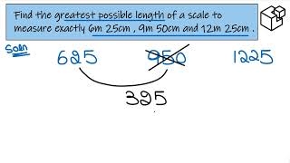 Find the greatest possible length of a scale to measure exactly 6m 25cm , 9m 50cm and 12m 25cm .