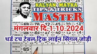 KALYAN MATKA TIPS AND TRICKS MASTER TODAY 1.10.2024 KALYAN TODAY TABLE TRICK LINE JODI