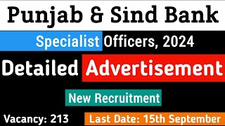 Punjab & Sind Bank Recruitment 2024: 213 Specialist Officers.