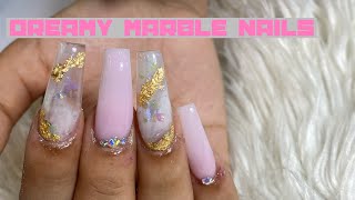 How to do a Full Set of Acrylic Nails • Dreamy Marble and Pink Nails • full prep• beginners