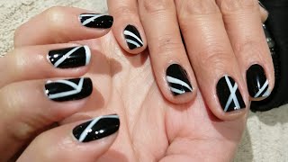 Nail arting tuturial black nail polish and white lines