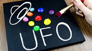 UFO In The Sky / Easy Landscape Acrylic Black Canvas Painting Tutorial Satisfying Masking Tape ASMR