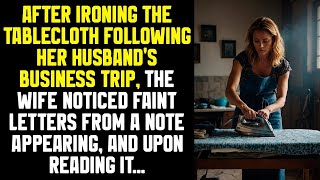 After ironing the tablecloth following her husband's business trip, the wife noticed faint letters