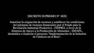 DECRETO SUPREMO N° 4826 - Fondos para financiar el proyecto "Industria de Cárnicos en el Beni"