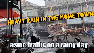 HEAVY RAIN IN MY HOME TOWN - traffic on a rainy day - asmr