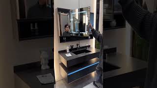 Matte black floating vanity design, LED lit mirror #enes #interiordesign #enesyilmazer