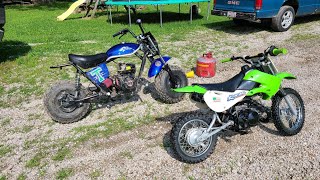 Modded Trailmaster mb200 vs 04 KLX 110 top speed test