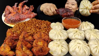 Eating Juicy Momo, Chicken Diamond, Chicken Wings With Blackbean Noodles Nepali Mukbang, Eating Show