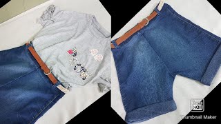 how to reuse old jeans making girl  shorts cutting and stitching.