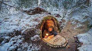 Building a Warm and Cozy Dugout for Survival. Log Shelter, Secret cave, Winter Bushcraft.