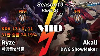 MID Ryze VS Akali Replay S9 / 미드 라이즈 VS 아칼리 관전 시즌9 - 13/4/11 Patch 9.24 KR