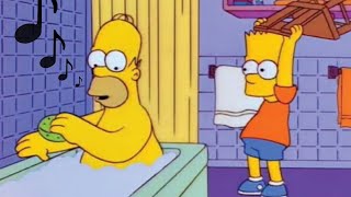 Bart hits Homer with a chair while whispering to Animal Crossing music