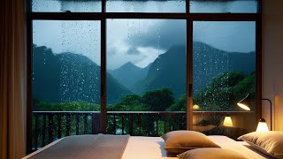 HEAVY RAIN Atmosphere with a beautiful view of the mountain from the room window