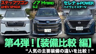 新型ハイブリッド対決！【ステップワゴン vs ノア vs セレナ】第4弾！「④装備比較」編！人気の主要装備を徹底比較してみました！