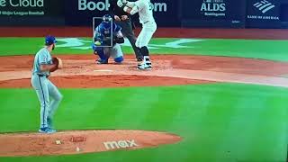 New York Yankees up-close - Aaron Judge hits fly ball to CF, slo mo, October 5, 2024