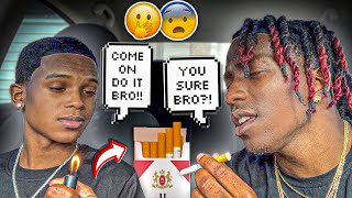 PEER PRESSURE @coryboy TO SMOKE CIGARETTES PRANK!!! ( He Did it😳)