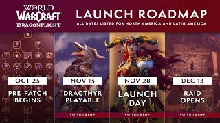 Dragonflight Pre-Patch important dates. Evoker available, new talents, zone, dungeon, launch, raid.