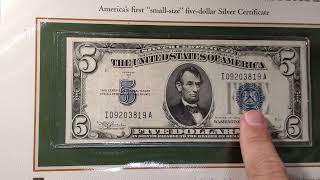 USA Five Dollar Silver Certificates Display | Abraham Lincoln banknotes with Stamps