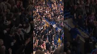 Newcastle fan going down the hand rail at Chelsea