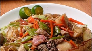 Egg Noodles & Sotanghon Guisado w/ Crispy Pork Belly