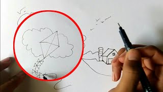 How to draw kite flying easy-step by step