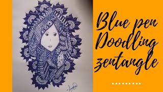 #doodling#bluepen#zentangle Blue pen designing||a girl's hair Z entangle inspired doodling