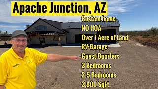 Custom Home in Apache Jct, AZ |NO HOA, 1+Acres,3Bd,2.5Ba, Guest Qtrs, RV Garage & Majestic Mtn.Views