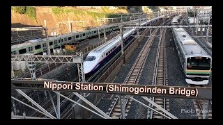 Collection of Japanese trains at Nippori Station in Tokyo ( Shimogoinden Bridge)