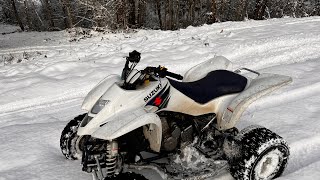 Riding My Suzuki LTZ400 In The Snow At My Friends Track.