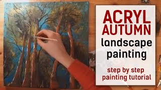 T - crylic autumn landscape painting step by step -painting guide in 5 minutes