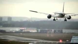 Boeing 777 crosswind landing at Frankfurt intl. during a heavy winter storm