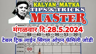 KALYAN MATKA TIPS AND TRICKS MASTER TODAY 28.5.2024 KALYAN TODAY TEBLE TRICK LINE JODI