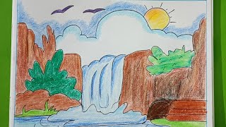 waterfall drawing 😲 🤩 easy for beginners #drawing #stepbystep #easydrawing #waterfall