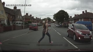 Dashcam video - pedestrian nearly wiped out - not looking when crossing