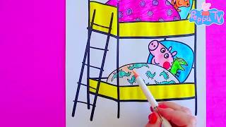 Coloreando dibujo de Peppa Pig y George en su litera con colores brillantes y de purpurina