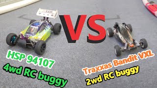 Traxxas Bandit VXL rwd buggy VS HSP XSTR (94107) 4wd buggy on carpet track with jumps