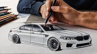 "How to Draw BMW M5 - Easy Car Sketch Tutorial Step by Step"