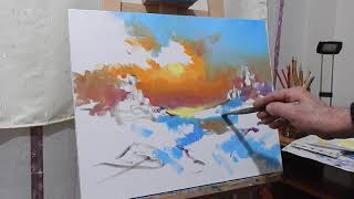 Cum pictam peisaj de iarna, How to paint a winter landscape, Apus de soare iarna, Sunset in winter