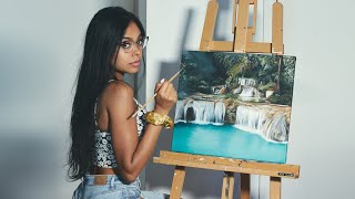 Oil Painting time-lapse of a beautiful waterfall in the Philippines