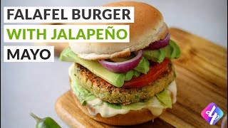 Easy 20-Minute Falafel Burger with Spicy Jalapeño Mayo (Vegan + GF)