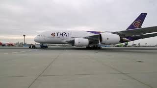 Airbus A380 Thai Airways International Ready to Take Off from Frankfurt Airport