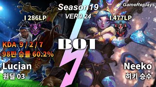 BOTTOM Lucian VS Neeko Replay S9 / 바텀 루시안 VS 니코 관전 시즌9 - 9/2/7 Patch 9.24 KR