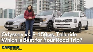 Best Family Road Trip Car | Kia Telluride vs. Ford F-150 vs. Honda Odyssey | Prices, MPG & Interior