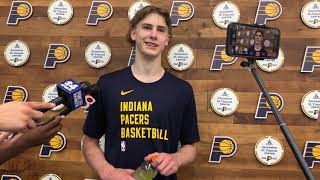 Indiana Pacers rookie wing Johnny Furphy speaks to reporters after his first summer league practice