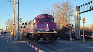 MBTA F40PH-3C #1067 is back with an unrestricted K5LA! (crossing plain Street with a horn salute!)