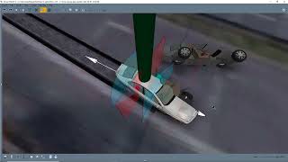 Vistas simultaneas de la simulación de un auto partiéndose a la mitad por impactar contra un poste