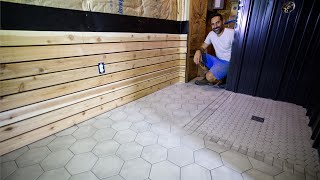 Metal Shower, Cedar Walls, Grouting Tile